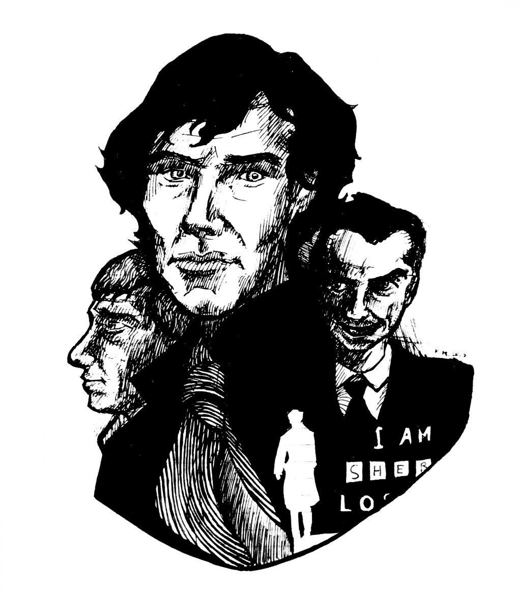 Портреты Шерлока Холмса, Джона Ватсона и Джеймса Мориарти из сериала BBC "Шерлок". Бумага, ручка.